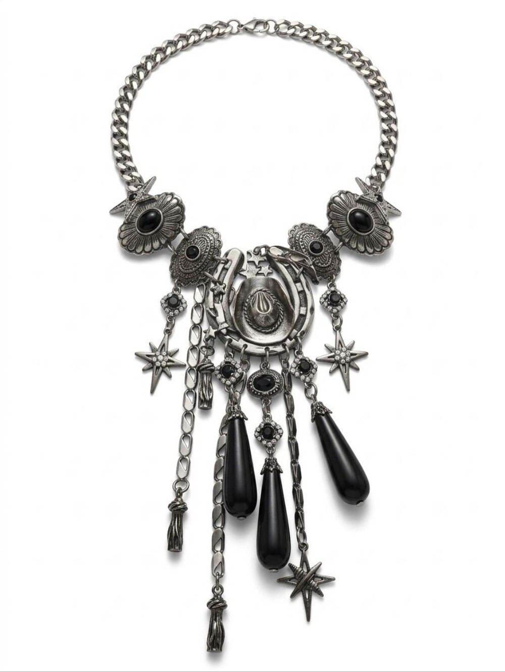 Stars Statement Black and Silver Western Pendant Necklace